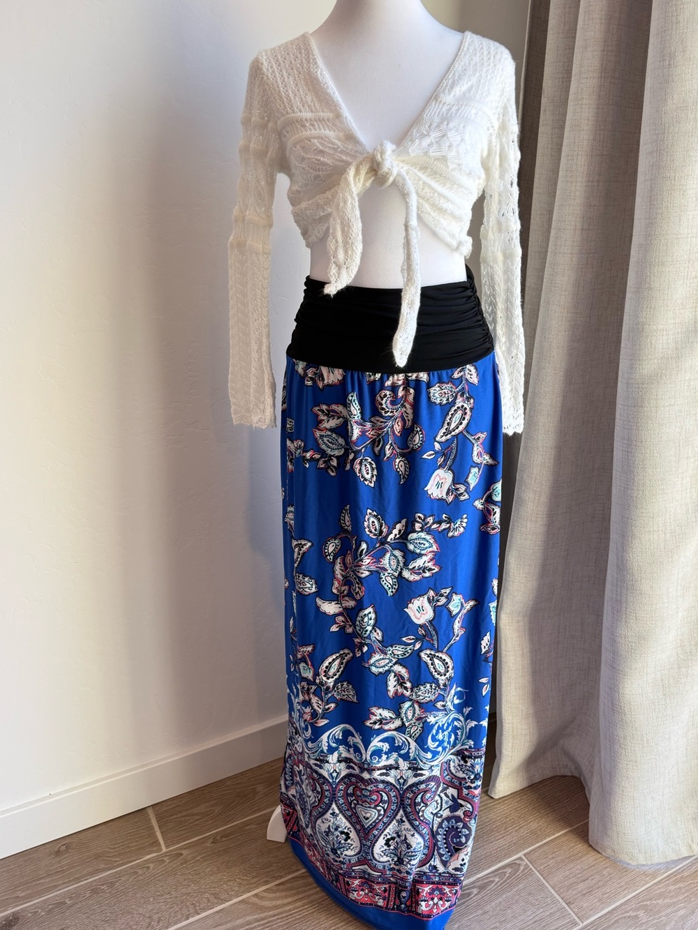 Apt. 9 Royal Blue Floral Paisley Maxi Skirt with Black Waistband